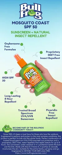 Vista 5 de Bullfrog Mosquito Coast - Repelente de insectos en aerosol + protector solar SPF 50, spray de bomba de 4.7 onzas líquidas Body Sunscreens