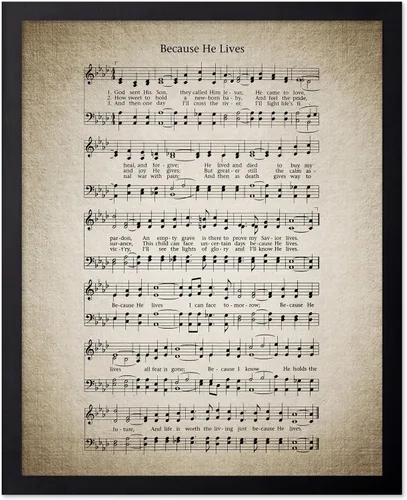 Vista 25 de Monem Art - Póster de partitura de música vintage, impresión de himno retro, regalo para músico, amigo, porque él vive, himno, verso, inspirador