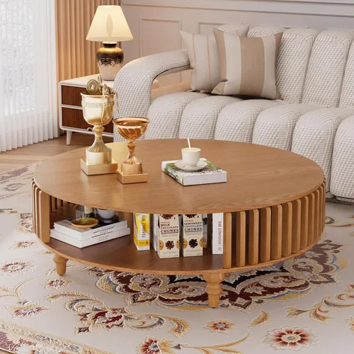 Vista 9 de Mesa de centro redonda de 30.7 pulgadas con almacenamiento, mesa auxiliar moderna de 2 niveles, patas de madera maciza, mesa central pequeña