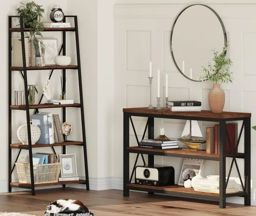 Vista 7 de Mesa de consola rústica detrás del sofá, mesa industrial de entrada con estantes, mesas de sofá de 3 niveles estilo granja para sala de estar, Roble