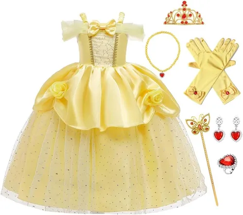 Vista 65 de FMYFWY Disfraz de princesa de Bella para niñas, disfraz de belleza y bestia, Halloween, Navidad, boda, cumpleaños (accesorios)