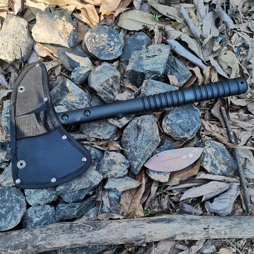 Vista 5 de Hacha de camping con vaina de nylon, Hacha Tomahawk vikinga forjada de acero al carbono de alta calidad, Hacha de camping portátil para cortar 1