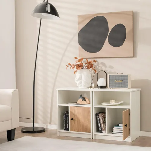 Vista 2 de Tangkula Juego de 2 mesitas de noche, mesa auxiliar de madera para sofá con puerta de bambú y compartimentos abiertos, mesa de noche multifuncional