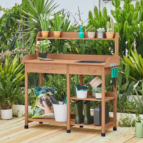 Vista 2 de Yaheetech Banco de Jardinería Banco de Trabajo Estación de Plantado Construido en Madera Maciza para Horticultura con Fregadero, Estantes y Cajón