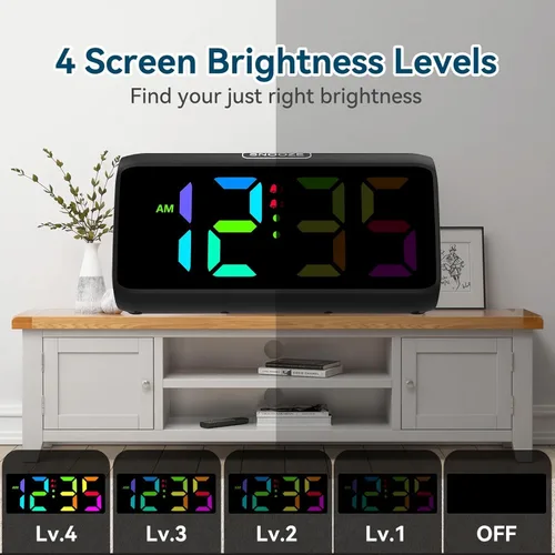 Vista 6 de Reloj despertador Netzu extra fuerte para personas que duermen pesadas, relojes despertador RGB para dormitorios para adultos mayores y niños, reloj