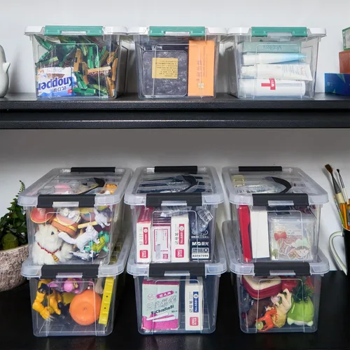 Vista 7 de Eslite Contenedores de almacenamiento apilables de plástico de 6 cuartos de galón, caja de pestillo transparente con asa y tapa, paquete de 6 Mango