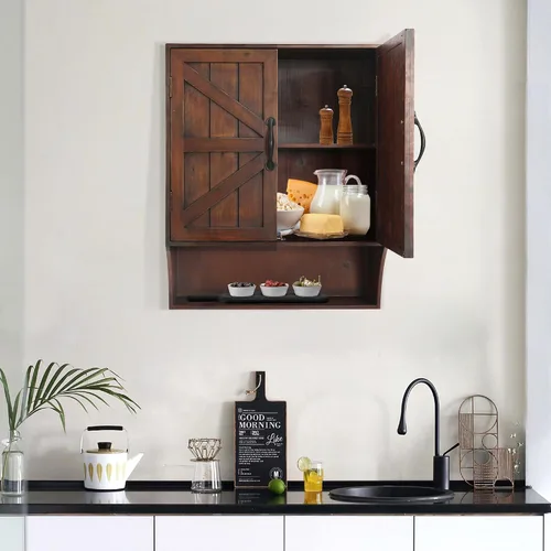 Vista 7 de FLORA Armario de almacenamiento montado en la pared, botiquín con puertas, armario de pared de baño vintage de madera sobre inodoro para baño