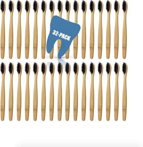 Vista 2 de Cepillo de dientes de bambú orgánico sin BPA con cerdas sin pegamento, compostable, biodegradable, vegano (paquete de 32), talla única Se ajusta a