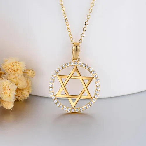 Vista 3 de Collar con dije de estrella de David de oro de 14 quilates para mujer, oro amarillo sólido judío de seis puntas con estrella de David, joyería