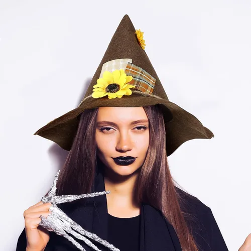 Vista 7 de SATINIOR 2 sombreros de espantapájaros de Halloween, diadema de bruja de girasol, diadema de fieltro para mujeres adultas, accesorio de fiesta