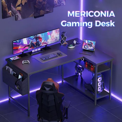 Vista 3 de Mericonia Escritorio pequeño en forma de L para computadora con tomas de corriente, escritorio de juegos para espacios pequeños, escritorio