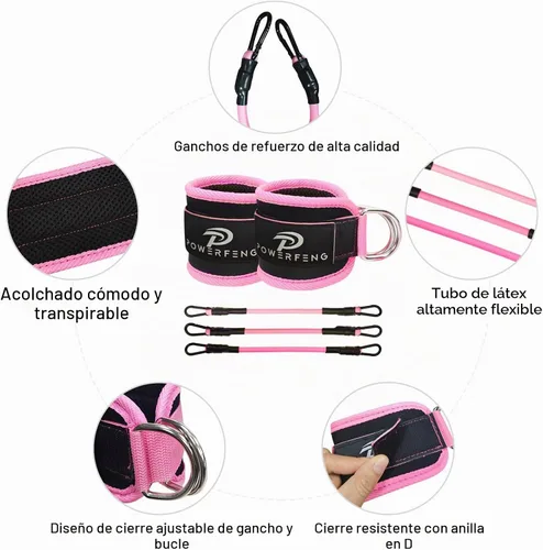 Vista 3 de Bandas de resistencia al tobillo con puños: banda de correa de tobillo para mujer para entrenar - Bandas de resistencia de tobillo para glúteos Rosa