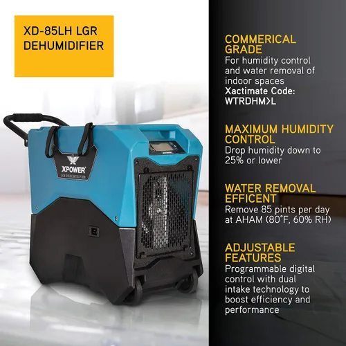 Vista 2 de XPOWER Deshumidificador LGR comercial XD-85LH para sótanos y espacios de arrastre - Azul