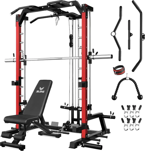 Vista 25 de JELENS SR01 Smith Machine, jaula de potencia multifunción de 2000 libras con sistema de extracción LAT, estante para sentadillas todo en uno