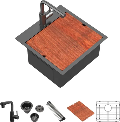 Vista 23 de Mocoloo - Fregadero de barra negro de 15 pulgadas con grifo, fregadero de estación de trabajo de 16 calibre de montaje, 15x15x9" de acero