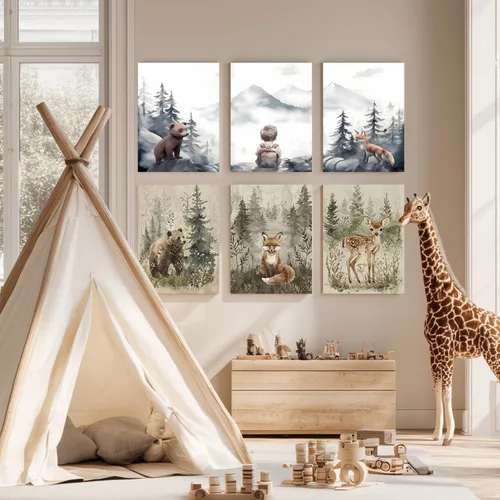 Vista 6 de kilamino Arte de pared de bosque neutral con animales salvajes, lindo póster de oso y zorro para guardería, impresiones de póster de aventura
