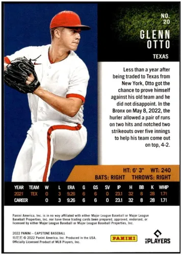 Vista 2 de GLENN OTTO RC 2022 Panini Capstone #20 ROOKIE NM+-MT+ MLB Baseball Rangers