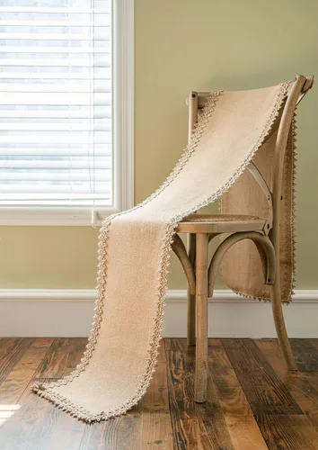 Vista 10 de Camino de mesa de yute natural rústico para mesa de comedor de granja con dobladillo de encaje para boda, fiesta, camino de mesa lavable, camino