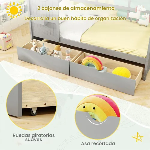 Vista 5 de KOMFOTT Cama de madera de tamaño individual con 2 cajones, marco de cama de madera con almacenamiento en cubos y rieles de valla, plataforma de Gris