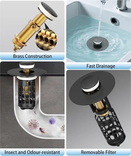 Vista 4 de QYHNYJF Tapón de lavabo de baño mejorado con recogedor de pelo, tapón de drenaje universal emergente, sello de acero inoxidable y silicona