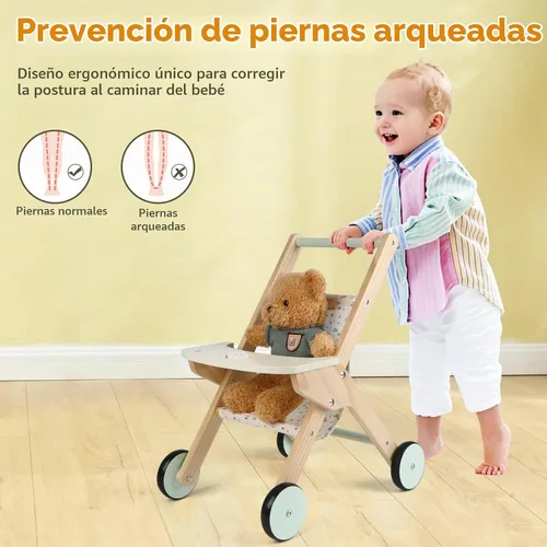 Vista 5 de Cochecito de muñeca de madera para caminar, cochecito de bebé para muñecas
