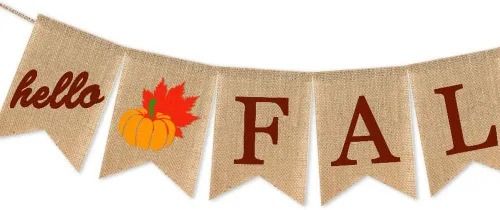 Vista 2 de Cartel de arpillera con texto en inglés «Hello Fall» para decoración de mantel