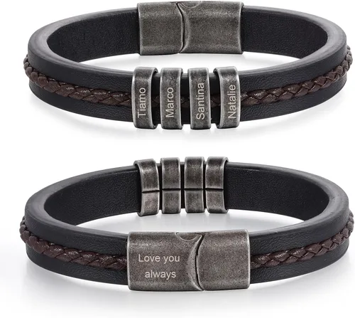 Vista 11 de Pulseras personalizadas con nombre para hombre, pulsera de cuero para hombre con 2-5 nombres de niños, regalos personalizados para papá, esposo, hijo