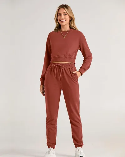 Vista 20 de BTFBM Conjunto deportivo de 2 piezas para mujer, camiseta corta de manga larga, sin botones, pantalón con cordón ajustable, pantalones deportivos