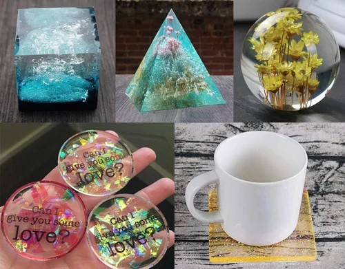 Vista 5 de Moldes de resina de silicona, 5 moldes de fundición de resina, incluyendo esfera, cubo, pirámide, cuadrado, redondo con 1 taza medidora y 5 pipetas