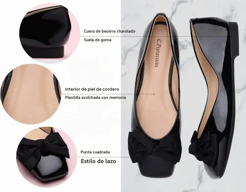 Vista 6 de C.Paravano Zapatos de Ballet para Mujer Zapatos Planos con Punta Cuadrada Zapatos Mary Jane Zapatos de Diseño para Mujer Negro Nueva Patente