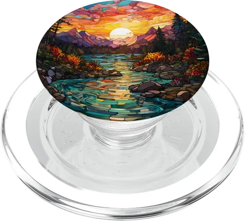 Vista 8 de Puesta de sol vidrieras mosaico paisaje escena PopSockets intercambiable PopGrip
