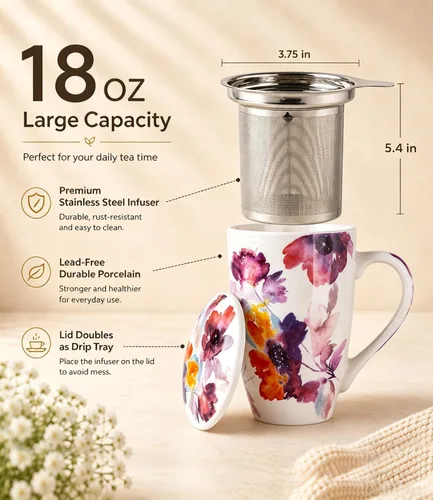 Vista 2 de AmorArc Taza de té de porcelana de 18 onzas con infusor y tapa, taza de té de hojas sueltas con colador de acero inoxidable, taza de café grande