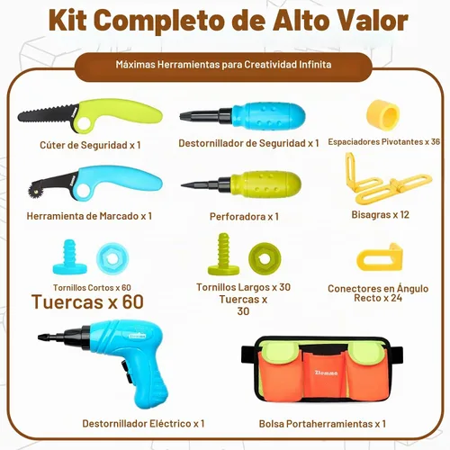 Vista 3 de Juego de herramientas de construcción de cartón para niños con taladro eléctrico y cinturón de herramientas, 258 piezas, kit de construcción STEM