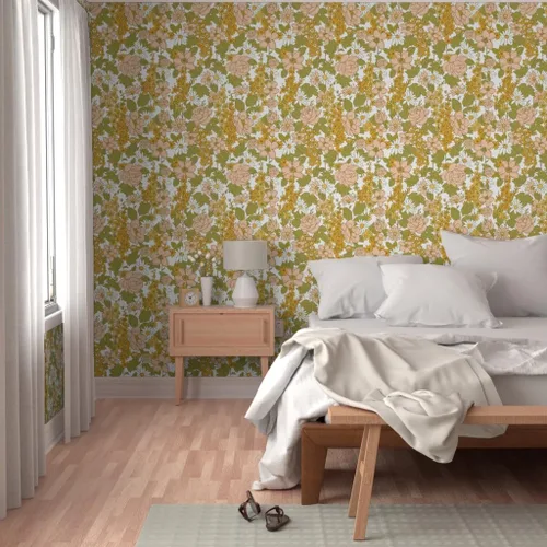 Vista 5 de Papel tapiz autoadhesivo para despegar y pegar, papel tapiz vintage de los años 70 con diseño floral retro bohemio, rosa y verde, papel tapiz