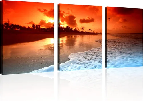 Vista 30 de TutuBeer 3 paneles de fotos de playa, arte de pared, diseño de mar azul, playa blanca al amanecer, imágenes impresas en lienzo, imágenes del océano