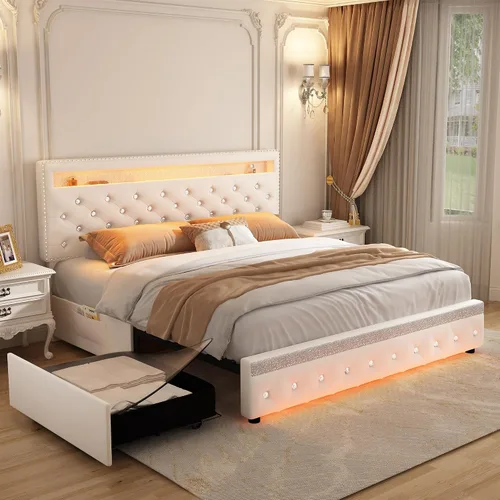 Vista 11 de SIBEDS Base de cama completa con LED y 2 cajones, marco de cama de plataforma de metal resistente de tamaño completo con cabecera ajustable