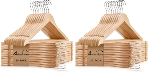 Vista 16 de Amber Home Perchas de madera maciza para trajes, paquete de 30 perchas de madera con acabado negro liso con barra antideslizante para pantalones
