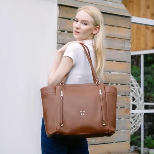 Vista 6 de miss fong Mochila para pañales de bebé, bolsa de pañales de cuero, bolsa de pañales con cambiador, correas para cochecito y 2 bolsillos aislados