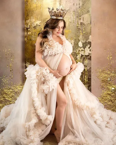 Vista 4 de NNagrace Vestido de maternidad de tul para sesión de fotos con volantes hinchados, vestido largo de lencería nupcial, vestido de baby shower
