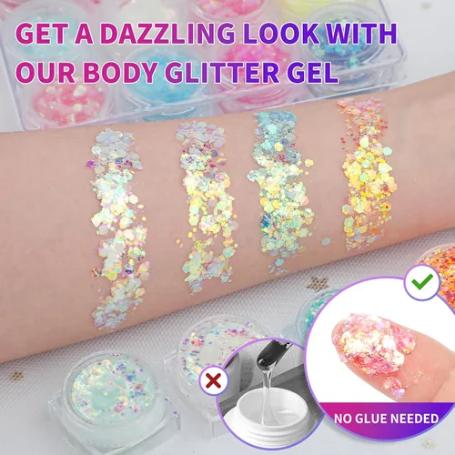 Vista 6 de Gel de purpurina para brillar en la oscuridad para el cuerpo y la cara para mujeres, 6 colores de gel de purpurina para maquillaje, purpurina gruesa