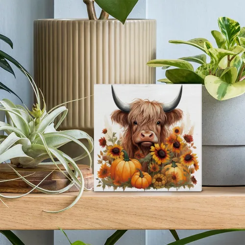 Vista 3 de Decoración de otoño, calabazas, girasol, vaca, decoración rústica, de madera de otoño, decoración de interiores para el hogar, 5 x 5 pulgadas
