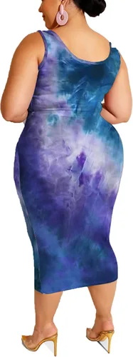 Vista 2 de Conjunto vestido a media pierna de 2 piezas de talla plus, conjunto de falda ajustada, top ajustado, estampado estilo hippy sin mangas