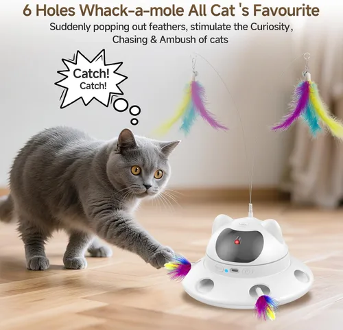 Vista 6 de Juguete láser para gatos, juguete automático interactivo 3 en 1 para gatos de interior, 5 patrones de luz láser roja ajustables, sensor inteligente