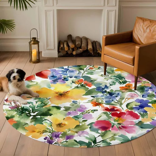 Vista 13 de Round Rugs 3 Feet, Green Yellow Floral Non Slip Area Rugs for Living Room, Bedroom, Barhroom, Entryway, Purple Blue Watercolor Retro Leaf Soft