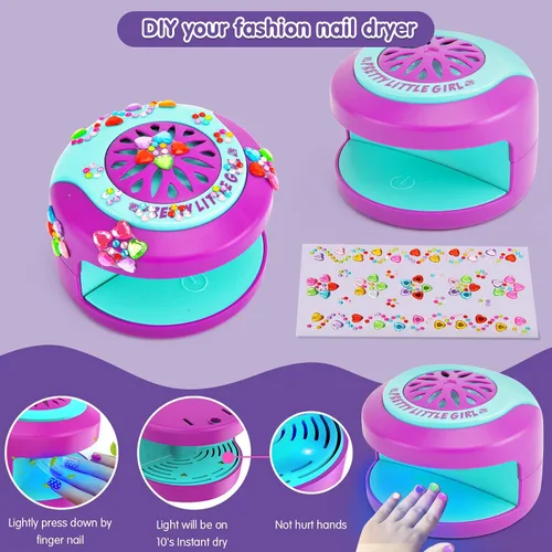 Vista 5 de Juego de esmaltes de uñas para niñas, kit de arte de uñas DIY con secador de uñas, uñas postizas, pegatinas de uñas, esmalte de uñas despegable,
