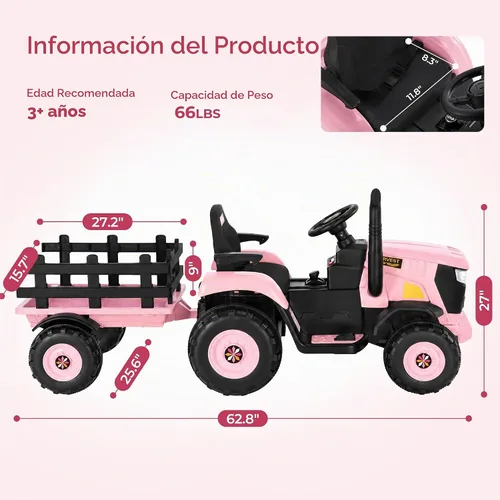 Vista 12 de Tractor de paseo de 24 V para niños, remolque desmontable, rosa