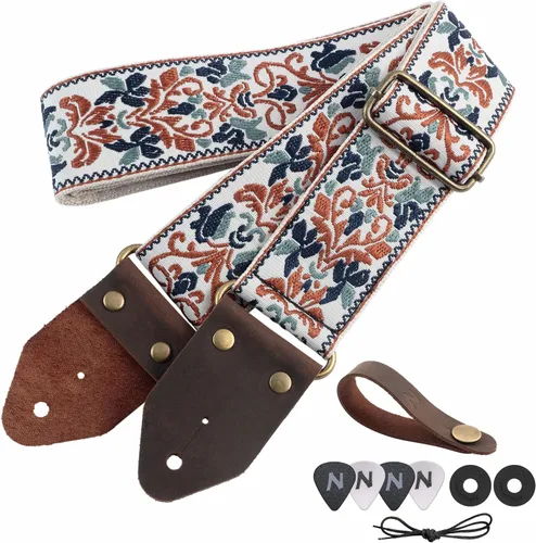 Vista 39 de Nefelibata Correa de guitarra, correas de guitarra de algodón bordado jacquard con extremos de cuero de caballo loco para bajo, eléctrico