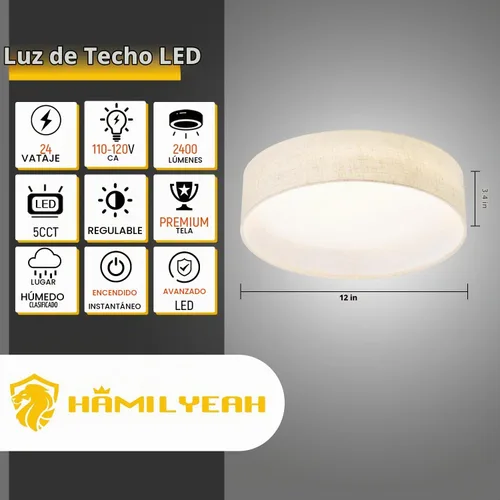 Vista 2 de Hamilyeah Lámpara de techo de montaje empotrado de 24W, lámpara de techo LED regulable con pantalla de tela beige de 5CCT, lámpara de techo