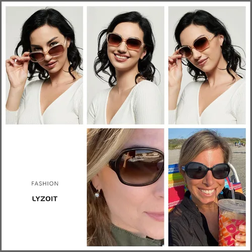 Vista 6 de LYZOIT Gafas de sol cuadradas para mujer, clásicas, vintage, protección UV, marco Havana, paquete de 2 sombras, S