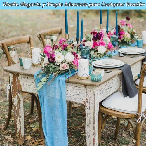 Vista 7 de Pack de 12 caminos de mesa de estopilla de 35x72 pulgadas, bohemio, de gasa, rústico, tela de queso, camino de mesa largo romántico para boda Azul